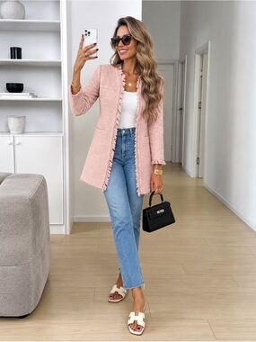 VENUS Pink Bouclé Tweed Longline Jacket Blazer Fringe Size 12 NWOT